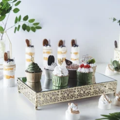 Set Of 2 | Fleur De Lis Metal Rectangle Pedestal Riser, Dessert Display Stand With Mirror Top -Home Decor Promotional Store CHDLR CAKE06 1418 GOLD D06
