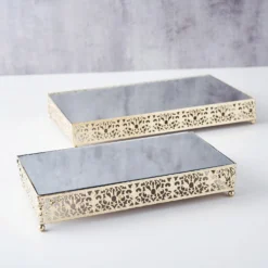 Set Of 2 | Fleur De Lis Metal Rectangle Pedestal Riser, Dessert Display Stand With Mirror Top -Home Decor Promotional Store CHDLR CAKE06 1418 GOLD D13