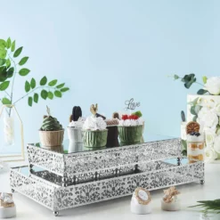Set Of 2 | Fleur De Lis Metal Rectangle Pedestal Riser, Dessert Display Stand With Mirror Top -Home Decor Promotional Store CHDLR CAKE06 1418 SILV D03