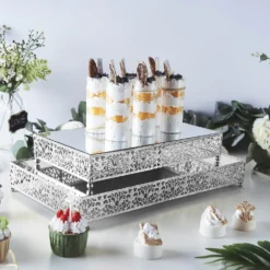Set Of 2 | Fleur De Lis Metal Rectangle Pedestal Riser, Dessert Display Stand With Mirror Top -Home Decor Promotional Store CHDLR CAKE06 1418 SILV D07 f9a5552f d5f9 4066 9969 7bb9578d2bbf