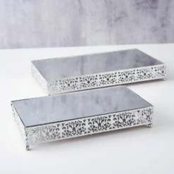 Set Of 2 | Fleur De Lis Metal Rectangle Pedestal Riser, Dessert Display Stand With Mirror Top -Home Decor Promotional Store CHDLR CAKE06 1418 SILV D13