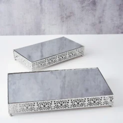 Set Of 2 | Fleur De Lis Metal Rectangle Pedestal Riser, Dessert Display Stand With Mirror Top -Home Decor Promotional Store CHDLR CAKE06 1418 SILV D15