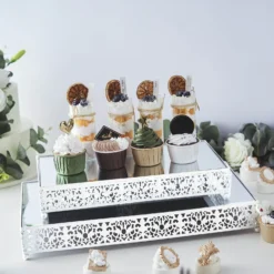 Set Of 2 | Fleur De Lis Metal Rectangle Pedestal Riser, Dessert Display Stand With Mirror Top