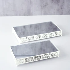 Set Of 2 | Fleur De Lis Metal Rectangle Pedestal Riser, Dessert Display Stand With Mirror Top -Home Decor Promotional Store CHDLR CAKE06 1418 WHT D09