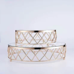 Round Gold Metal Geometric Diamond Cut Pedestal Riser, Dessert Display Stand With Glass Top