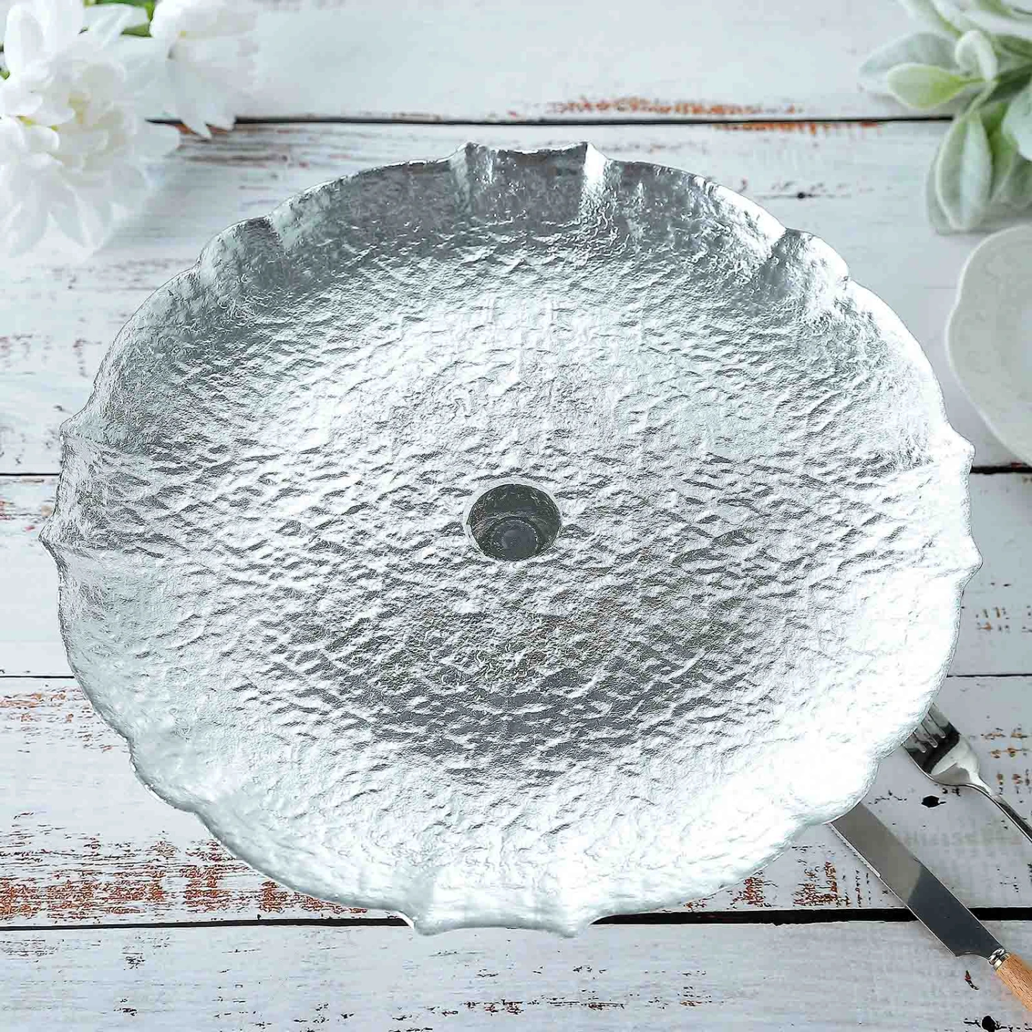 Glass Pedestal Plate Riser, Dessert/Appetizer Display Stand - Scalloped Edge 14" 13 Glass Pedestal Plate Riser, Dessert/Appetizer Display Stand - Scalloped Edge 14" - Image 13