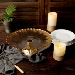 Glass Pedestal Plate Riser, Dessert/Appetizer Display Stand - Wavy Edge 12" -Home Decor Promotional Store CHDLR CAKE11 12 GOLD D05