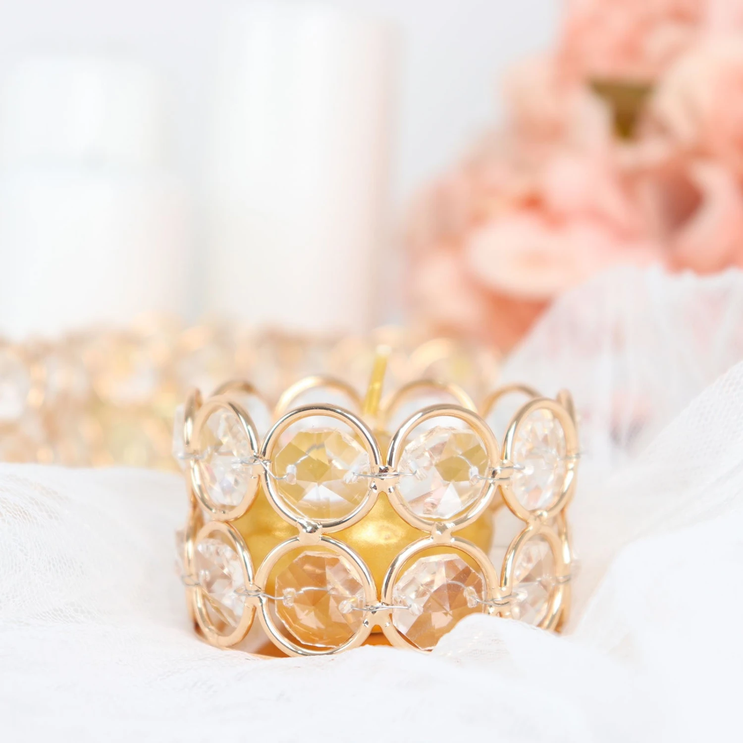 6 Pack Gold Metal Crystal Beaded Tea Light Candle Holders, Votive Candle Stands 1.5" Tall 9 6 Pack Gold Metal Crystal Beaded Tea Light Candle Holders, Votive Candle Stands 1.5" Tall - Image 9