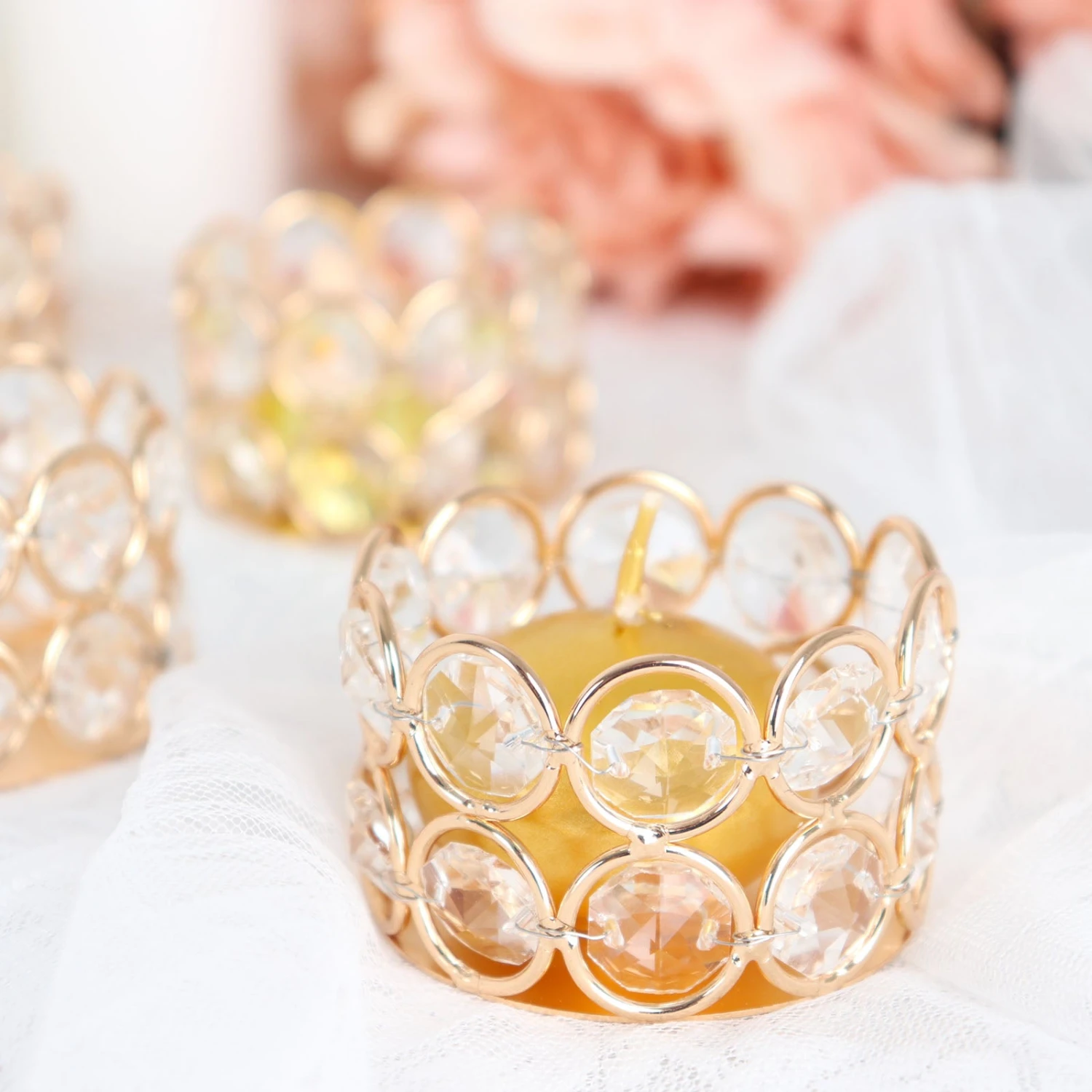 6 Pack Gold Metal Crystal Beaded Tea Light Candle Holders, Votive Candle Stands 1.5" Tall 10 6 Pack Gold Metal Crystal Beaded Tea Light Candle Holders, Votive Candle Stands 1.5" Tall - Image 10