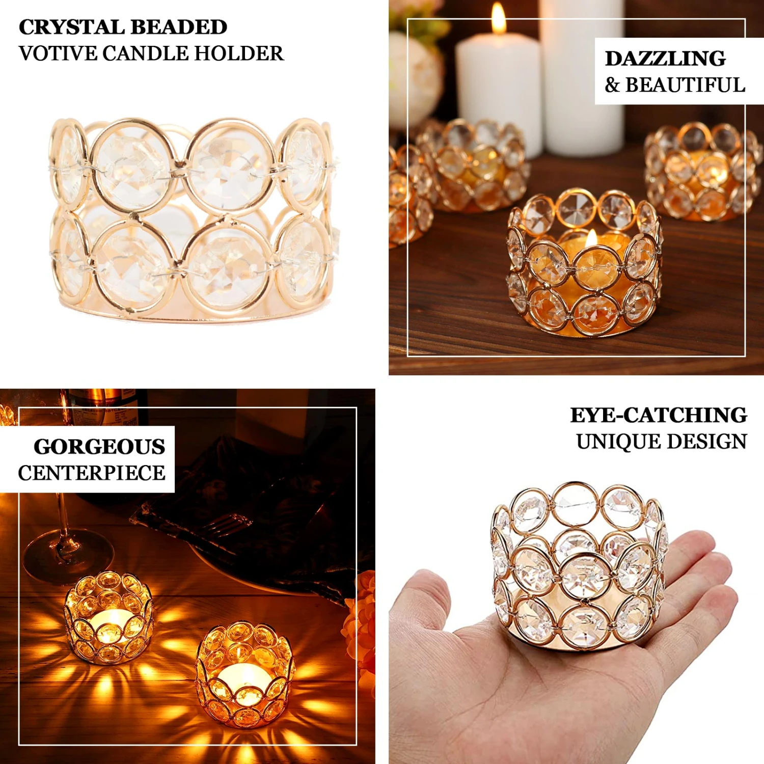 6 Pack Gold Metal Crystal Beaded Tea Light Candle Holders, Votive Candle Stands 1.5" Tall 2 6 Pack Gold Metal Crystal Beaded Tea Light Candle Holders, Votive Candle Stands 1.5" Tall - Image 2