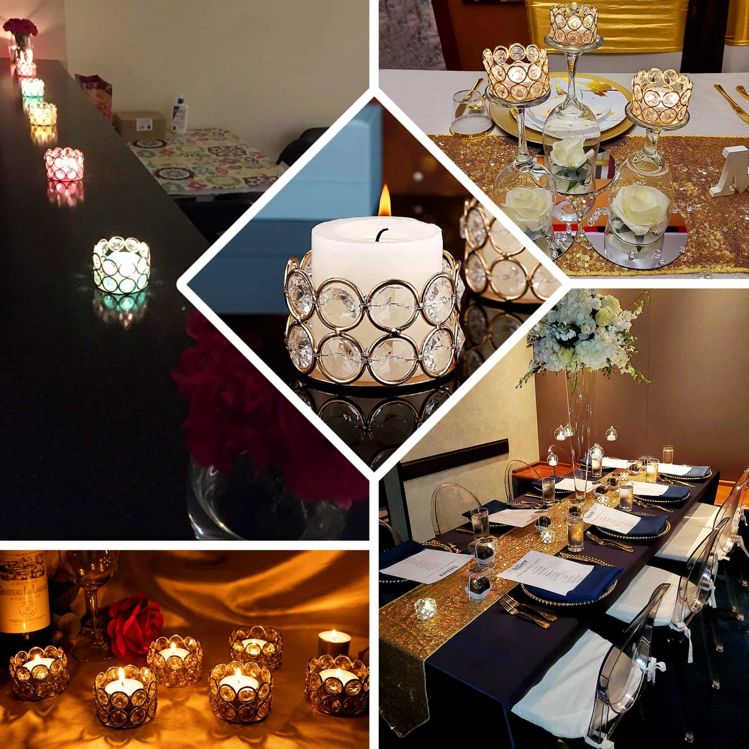 6 Pack Gold Metal Crystal Beaded Tea Light Candle Holders, Votive Candle Stands 1.5" Tall 3 6 Pack Gold Metal Crystal Beaded Tea Light Candle Holders, Votive Candle Stands 1.5" Tall - Image 3