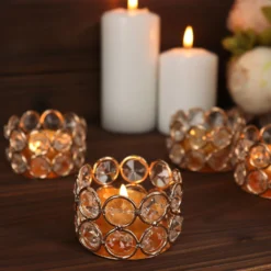 6 Pack Gold Metal Crystal Beaded Tea Light Candle Holders, Votive Candle Stands 1.5" Tall