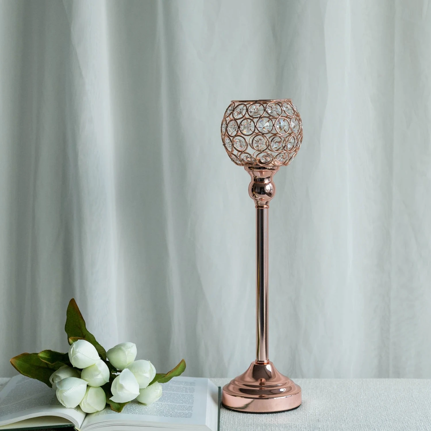 Crystal Votive Pillar Candle Holder, Metal Tealight Round Candle Stand 16" Tall 8 Crystal Votive Pillar Candle Holder, Metal Tealight Round Candle Stand 16" Tall - Image 8