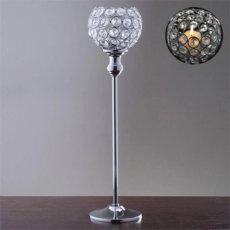 Crystal Votive Pillar Candle Holder, Metal Tealight Round Candle Stand 16" Tall 1 Crystal Votive Pillar Candle Holder, Metal Tealight Round Candle Stand 16" Tall