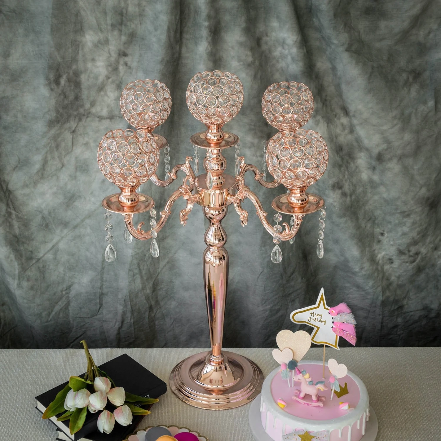 5 Arm Crystal Beaded Globe Metal Candelabra Candle Holder 25" Tall 4 5 Arm Crystal Beaded Globe Metal Candelabra Candle Holder 25" Tall - Image 4