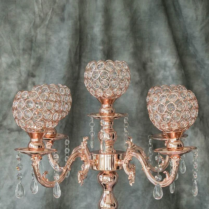 5 Arm Crystal Beaded Globe Metal Candelabra Candle Holder 25" Tall 6 5 Arm Crystal Beaded Globe Metal Candelabra Candle Holder 25" Tall - Image 6