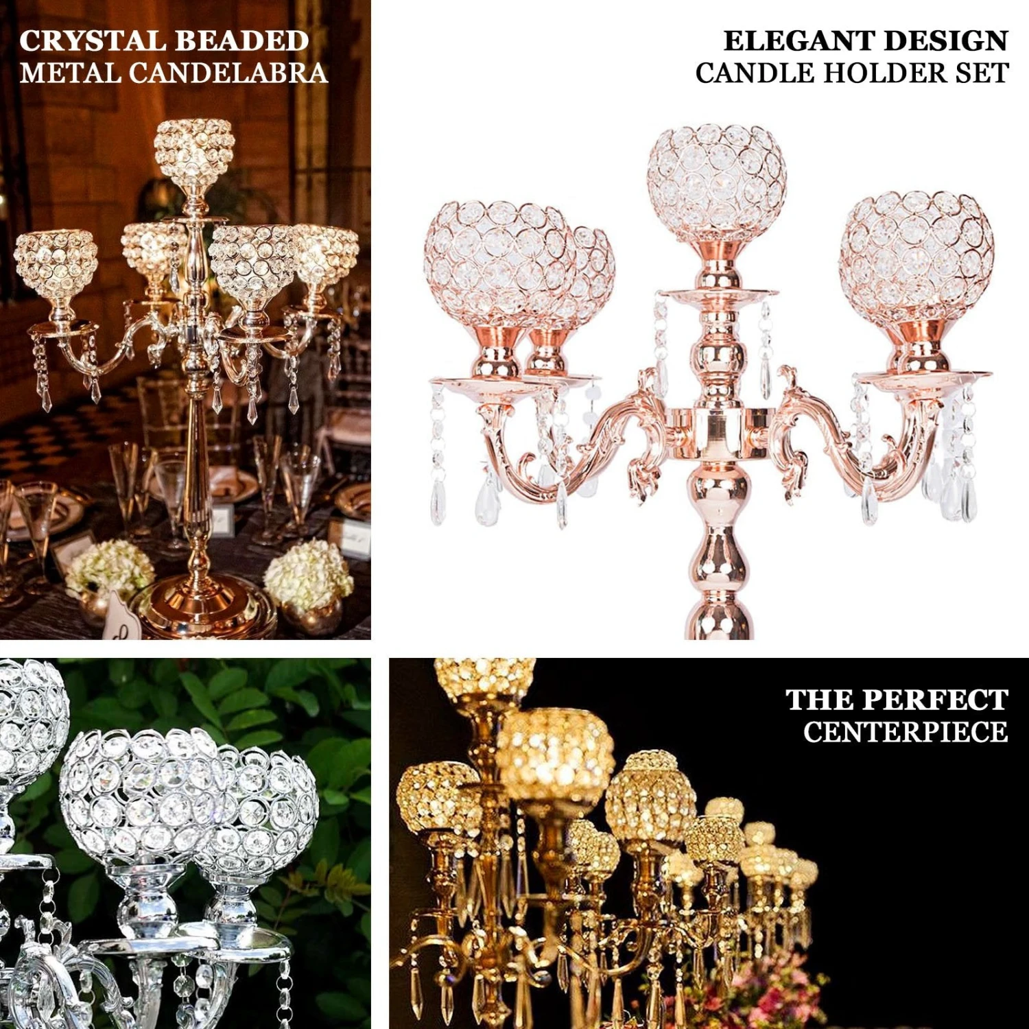 5 Arm Crystal Beaded Globe Metal Candelabra Candle Holder 25" Tall 2 5 Arm Crystal Beaded Globe Metal Candelabra Candle Holder 25" Tall - Image 2