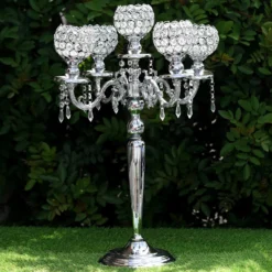 5 Arm Crystal Beaded Globe Metal Candelabra Candle Holder 25" Tall 19 5 Arm Crystal Beaded Globe Metal Candelabra Candle Holder 25" Tall -Home Decor Promotional Store CHDLR CAND 009 SILV D01