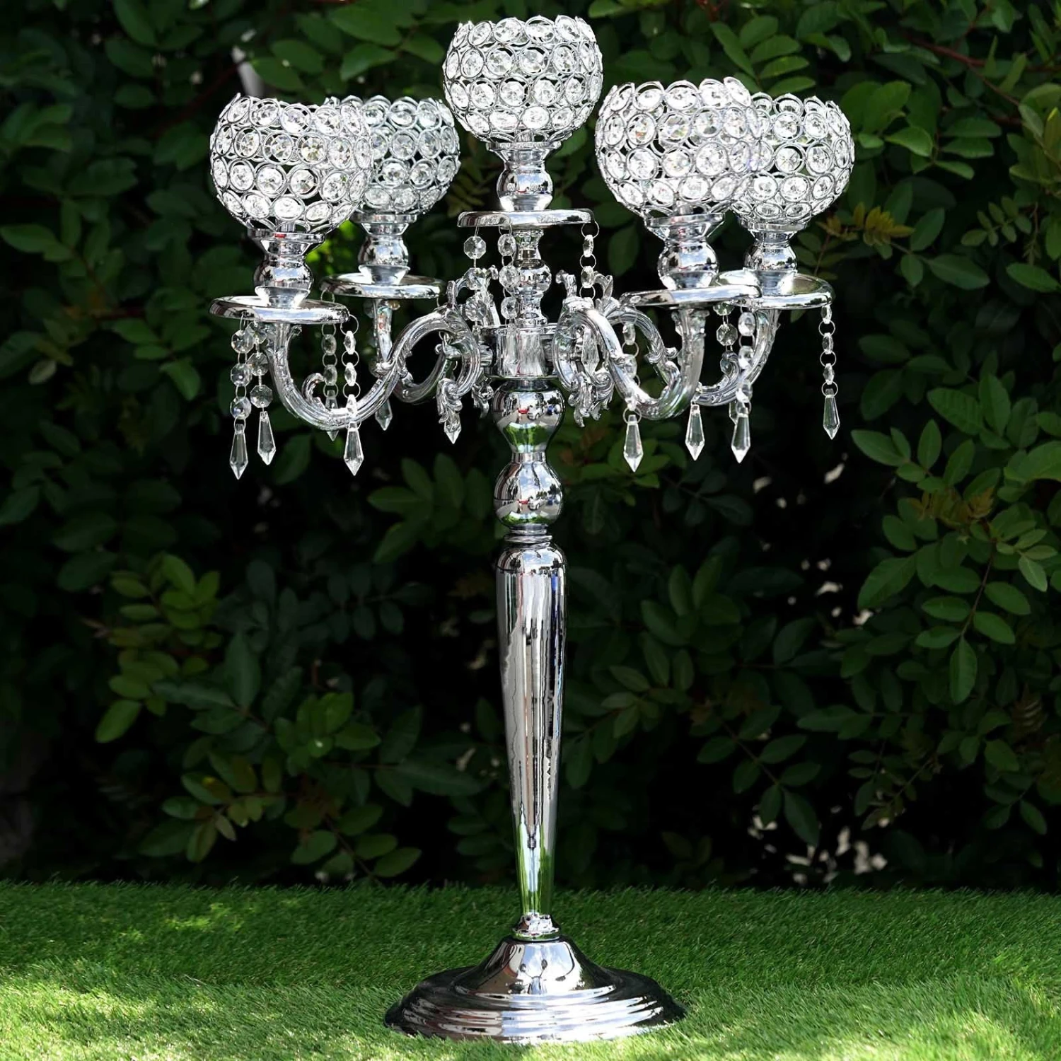 5 Arm Crystal Beaded Globe Metal Candelabra Candle Holder 25" Tall 9 5 Arm Crystal Beaded Globe Metal Candelabra Candle Holder 25" Tall - Image 9