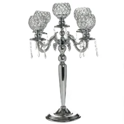 5 Arm Crystal Beaded Globe Metal Candelabra Candle Holder 25" Tall 20 5 Arm Crystal Beaded Globe Metal Candelabra Candle Holder 25" Tall -Home Decor Promotional Store CHDLR CAND 009 SILV 01