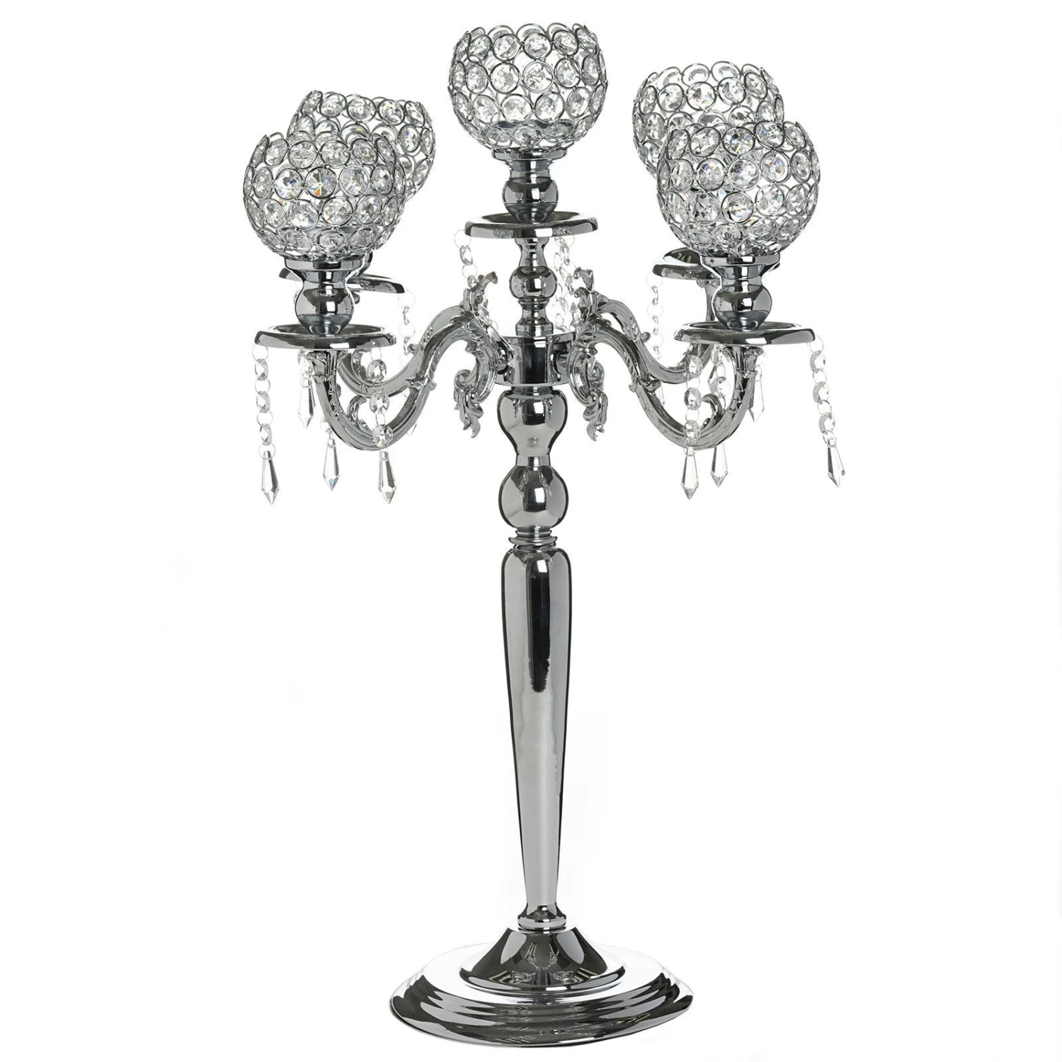 5 Arm Crystal Beaded Globe Metal Candelabra Candle Holder 25" Tall 10 5 Arm Crystal Beaded Globe Metal Candelabra Candle Holder 25" Tall - Image 10