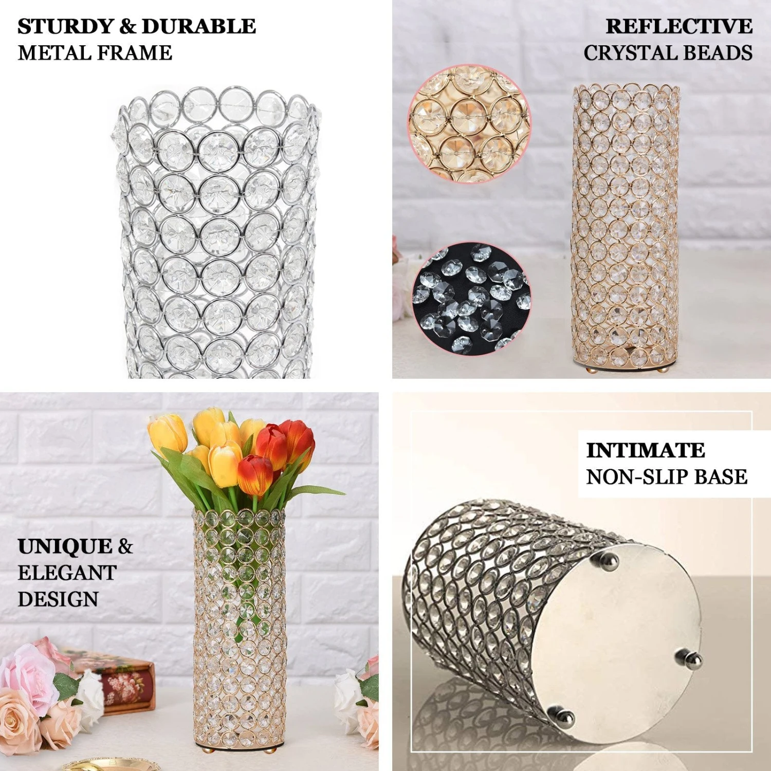 Metal Full Crystal Beaded Pillar Candle Holder Stand 16" Tall 2 Metal Full Crystal Beaded Pillar Candle Holder Stand 16" Tall - Image 2