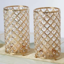 2 Pack Metal Crystal Beaded Pillar Votive Candle Holder Set, Multipurpose Crystal Flower Stem Vase 9" 20 2 Pack Metal Crystal Beaded Pillar Votive Candle Holder Set, Multipurpose Crystal Flower Stem Vase 9" -Home Decor Promotional Store CHDLR CAND 011 GOLD 01