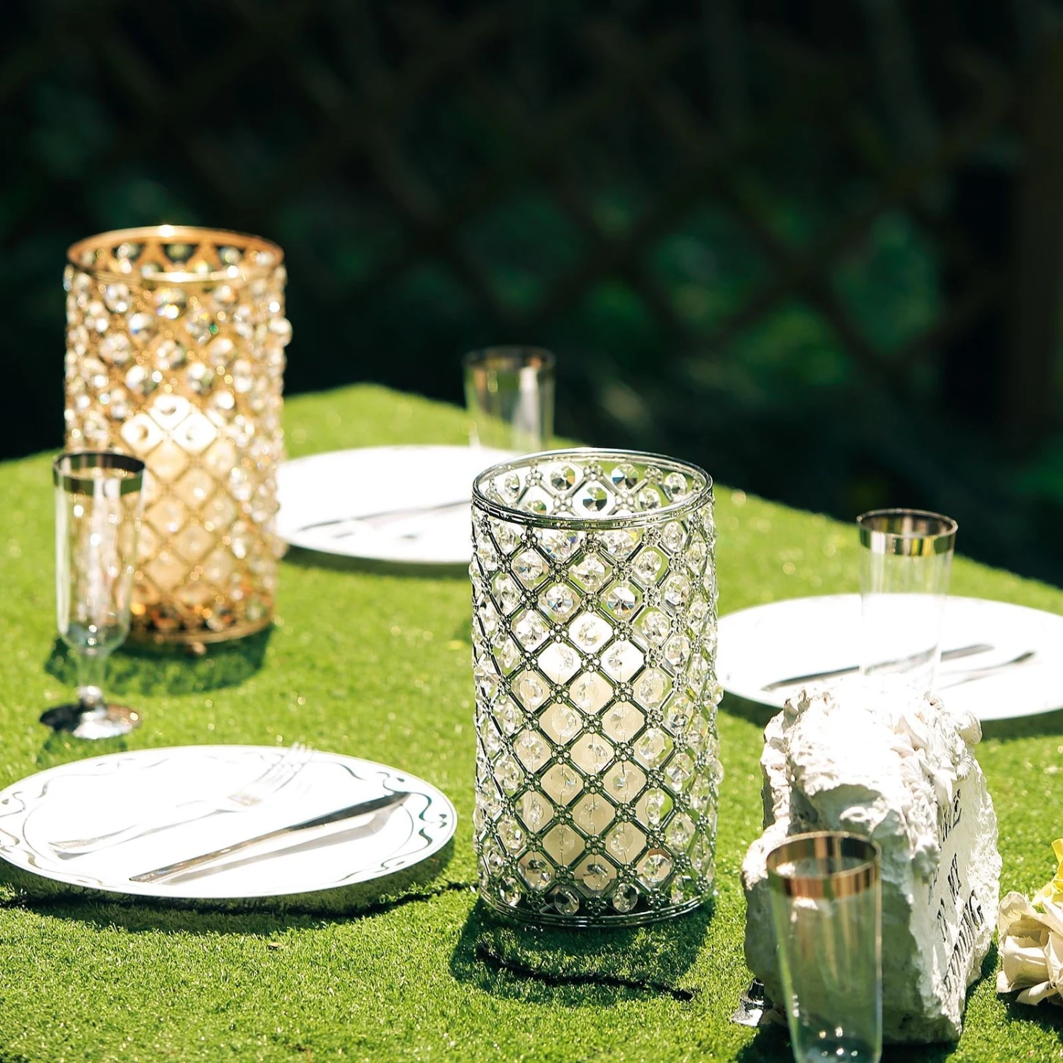 2 Pack Metal Crystal Beaded Pillar Votive Candle Holder Set, Multipurpose Crystal Flower Stem Vase 9" 4 2 Pack Metal Crystal Beaded Pillar Votive Candle Holder Set, Multipurpose Crystal Flower Stem Vase 9" - Image 4