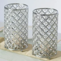 2 Pack Metal Crystal Beaded Pillar Votive Candle Holder Set, Multipurpose Crystal Flower Stem Vase 9" 24 2 Pack Metal Crystal Beaded Pillar Votive Candle Holder Set, Multipurpose Crystal Flower Stem Vase 9" -Home Decor Promotional Store CHDLR CAND 011 SILV 01