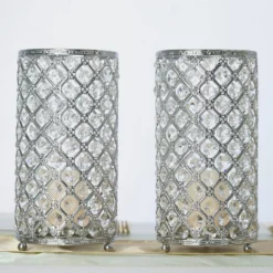 2 Pack Metal Crystal Beaded Pillar Votive Candle Holder Set, Multipurpose Crystal Flower Stem Vase 9"