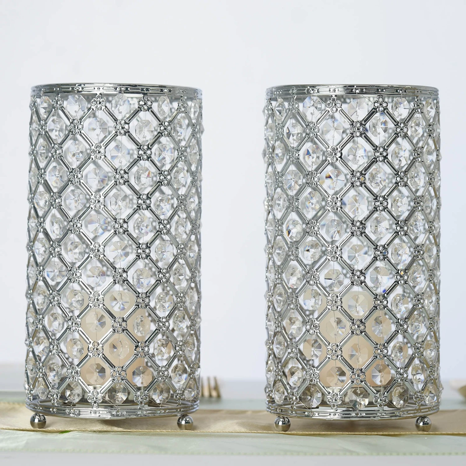 2 Pack Metal Crystal Beaded Pillar Votive Candle Holder Set, Multipurpose Crystal Flower Stem Vase 9" 1 2 Pack Metal Crystal Beaded Pillar Votive Candle Holder Set, Multipurpose Crystal Flower Stem Vase 9"