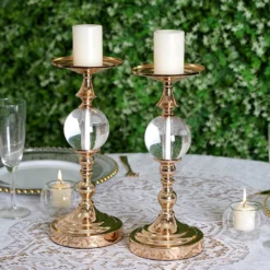 2 Pack Metallic Pillar Candle Holder Set, Votive Candle Stands With Clear Acrylic Ball 13" 19 2 Pack Metallic Pillar Candle Holder Set, Votive Candle Stands With Clear Acrylic Ball 13" -Home Decor Promotional Store CHDLR CAND 012 GOLD D02
