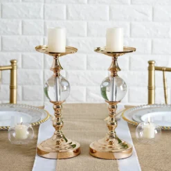 2 Pack Metallic Pillar Candle Holder Set, Votive Candle Stands With Clear Acrylic Ball 13"