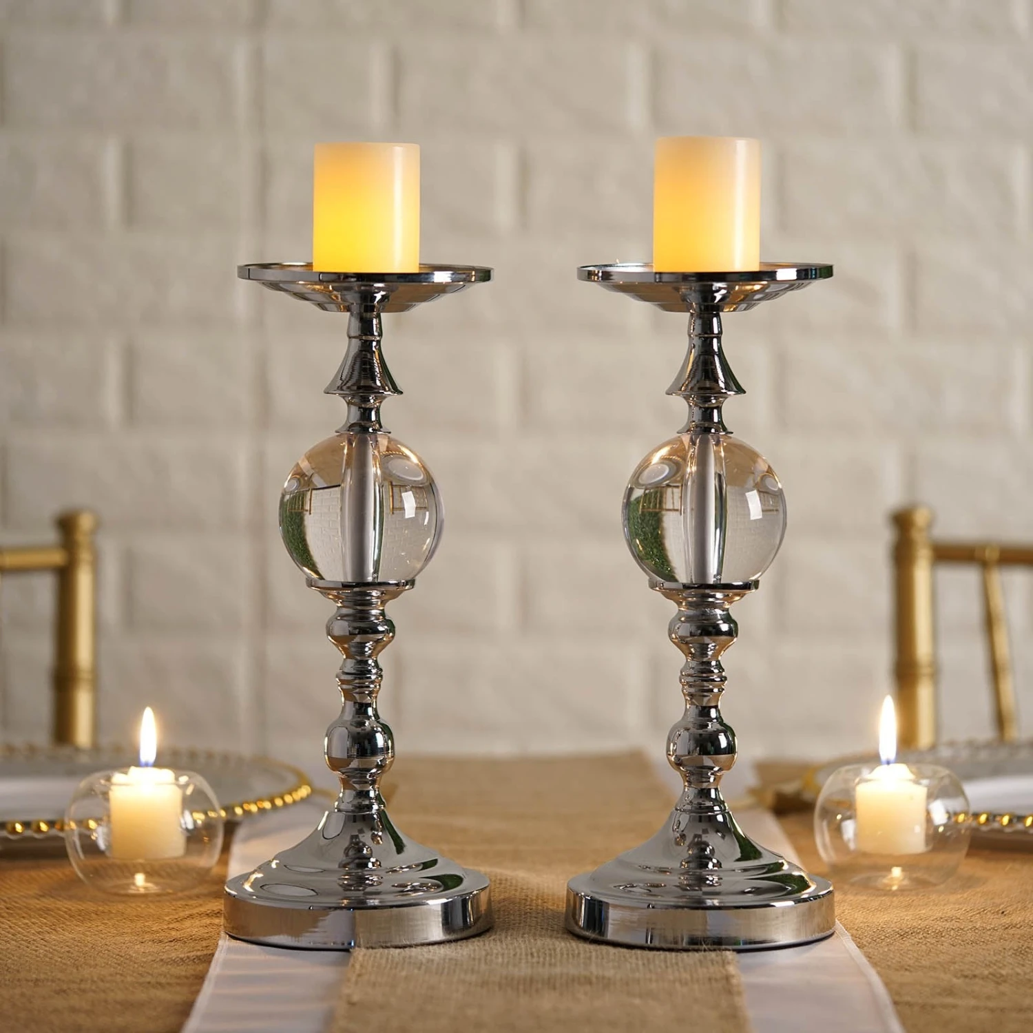 2 Pack Metallic Pillar Candle Holder Set, Votive Candle Stands With Clear Acrylic Ball 13" 9 2 Pack Metallic Pillar Candle Holder Set, Votive Candle Stands With Clear Acrylic Ball 13" - Image 9