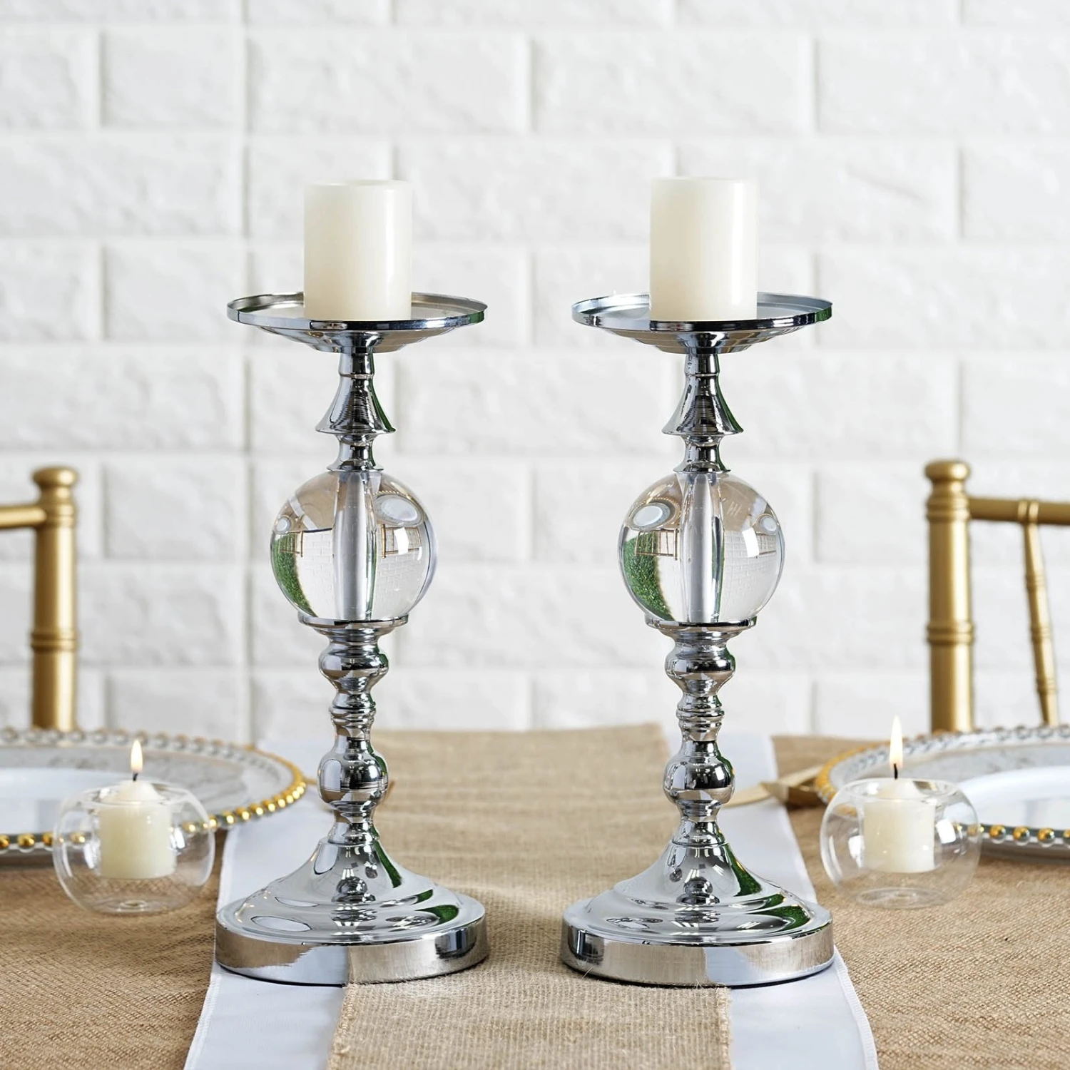 2 Pack Metallic Pillar Candle Holder Set, Votive Candle Stands With Clear Acrylic Ball 13" 10 2 Pack Metallic Pillar Candle Holder Set, Votive Candle Stands With Clear Acrylic Ball 13" - Image 10