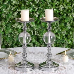 2 Pack Metallic Pillar Candle Holder Set, Votive Candle Stands With Clear Acrylic Ball 13" 22 2 Pack Metallic Pillar Candle Holder Set, Votive Candle Stands With Clear Acrylic Ball 13" -Home Decor Promotional Store CHDLR CAND 012 SILV 02