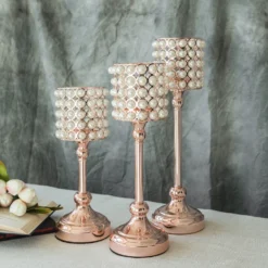 Set Of 3 | White Pearl Beaded Votive Candle Holders, Small Pillar Candle Stands - 12"|14"|16" -Home Decor Promotional Store CHDLR CAND 013 054 D03