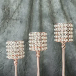 Set Of 3 | White Pearl Beaded Votive Candle Holders, Small Pillar Candle Stands - 12"|14"|16" -Home Decor Promotional Store CHDLR CAND 013 054 D04