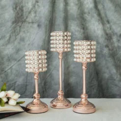 Set Of 3 | White Pearl Beaded Votive Candle Holders, Small Pillar Candle Stands - 12"|14"|16" -Home Decor Promotional Store CHDLR CAND 013 054 01