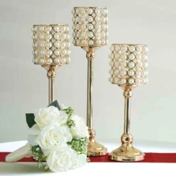 Set Of 3 | White Pearl Beaded Votive Candle Holders, Small Pillar Candle Stands - 12"|14"|16"
