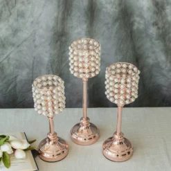 Set Of 3 | White Pearl Beaded Votive Candle Holders, Small Pillar Candle Stands - 12"|14"|16" -Home Decor Promotional Store CHDLR CAND 013 PARENT 3
