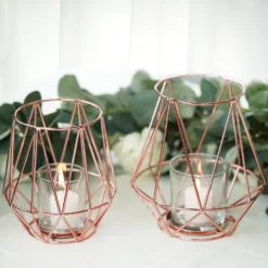 2 Pack | Blush/Rose Gold Geometric Metal Wired Candle Holder Set & Glass Votive Holder Set