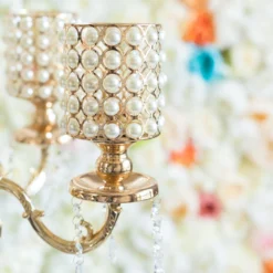 DIY Adjustable Gold Pearl Beaded Table Floor Candelabra Centerpiece, Metal With Crystal Chandelier Pendants -Home Decor Promotional Store CHDLR CAND 018 GDPRL D09