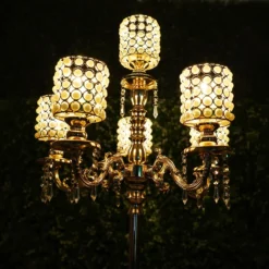 DIY Adjustable Gold Pearl Beaded Table Floor Candelabra Centerpiece, Metal With Crystal Chandelier Pendants -Home Decor Promotional Store CHDLR CAND 018 GDPRL D18