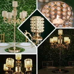DIY Adjustable Gold Pearl Beaded Table Floor Candelabra Centerpiece, Metal With Crystal Chandelier Pendants -Home Decor Promotional Store CHDLR CAND 018 GDPRL EBC1