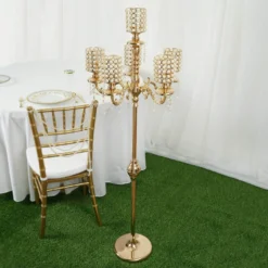DIY Adjustable Gold Pearl Beaded Table Floor Candelabra Centerpiece, Metal With Crystal Chandelier Pendants -Home Decor Promotional Store CHDLR CAND 018 GDPRL 01