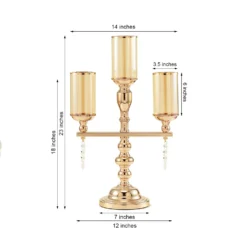 Gold Metal Pillar Candle Stand, Votive Candelabra With Hanging Clear Crystal Pendants 23" Tall 3 Arm -Home Decor Promotional Store CHDLR CAND 019 GOLD 99 M
