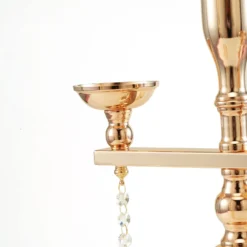 Gold Metal Pillar Candle Stand, Votive Candelabra With Hanging Clear Crystal Pendants 23" Tall 3 Arm -Home Decor Promotional Store CHDLR CAND 019 GOLD D11