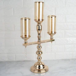 Gold Metal Pillar Candle Stand, Votive Candelabra With Hanging Clear Crystal Pendants 23" Tall 3 Arm -Home Decor Promotional Store CHDLR CAND 019 GOLD D15