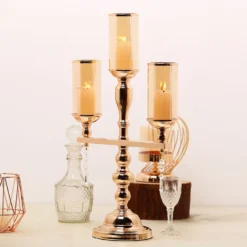 Gold Metal Pillar Candle Stand, Votive Candelabra With Hanging Clear Crystal Pendants 23" Tall 3 Arm